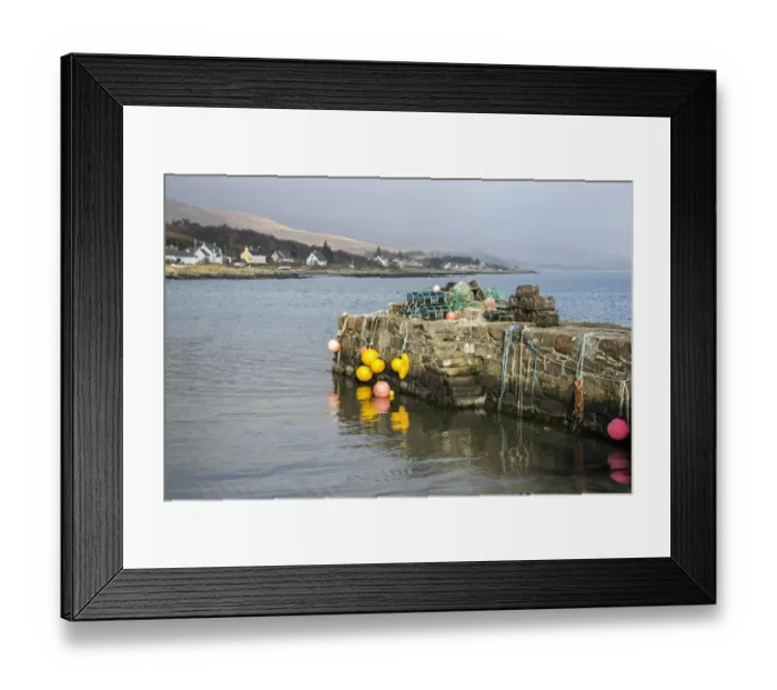 Framed Print : The old stone jetty at Craighouse with lobster pots and floats Framed Print : The old stone jetty at Craighouse with lobster pots and floats