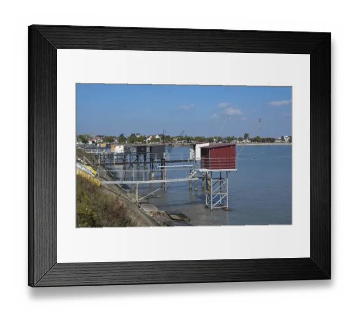 Framed Print : Fishing huts on stilts with suspended carrelets (fishing nets), Saint-Nazaire, Loire-Atlantique, Pays de la Loire Framed Print : Fishing huts on stilts with suspended carrelets (fishing nets), Saint-Nazaire, Loire-Atlantique, Pays de la Loire