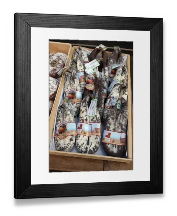 Framed Print : Salers beef sausages on food market stall, Dives-sur-Mer, Calvados, Basse-Normandie, Normandy, France, October