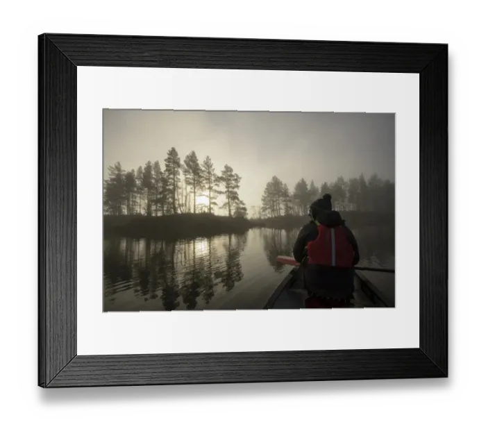 Framed Print : Canoeing on freshwater loch in mist, with Scots Pine (Pinus sylvestris) forest in background, Loch Beinn a Mheadhoin