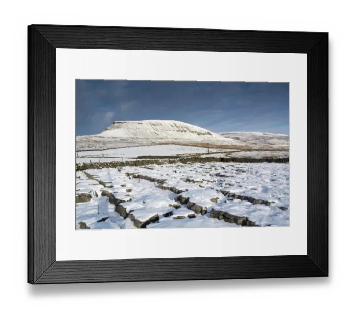Framed Print : View of snow covered limestone outcrop and drystone walls, with Pen-y-ghent in background, Yorkshire Dales N. P Framed Print : View of snow covered limestone outcrop and drystone walls, with Pen-y-ghent in background, Yorkshire Dales N. P
