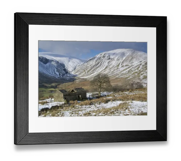 Framed Print : View of ruined stone barn and upland farmland in snow, looking from Bluecaster Fell into Cautley Crag Framed Print : View of ruined stone barn and upland farmland in snow, looking from Bluecaster Fell into Cautley Crag