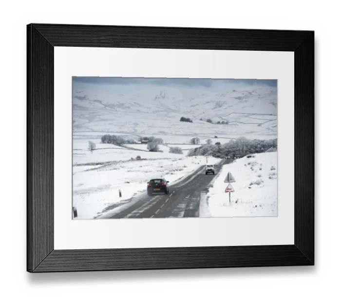 Framed Print : Traffic on road in snowy weather conditions, A683 between Kirkby Stephen and Sedbergh, Cumbria, England, December Framed Print : Traffic on road in snowy weather conditions, A683 between Kirkby Stephen and Sedbergh, Cumbria, England, December