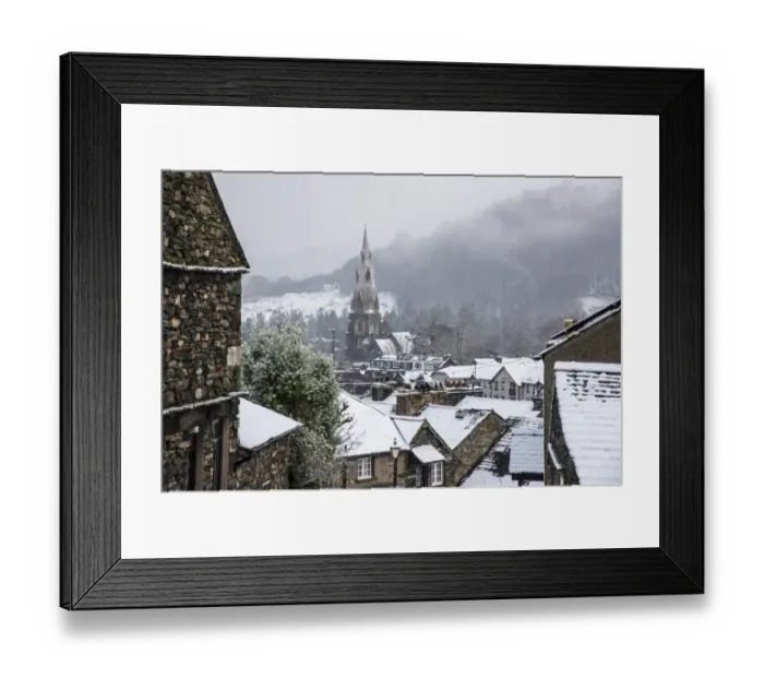 Framed Print : View across snow covered rooftops towards church spire in town, St. Marys Church, Ambleside, Lake District N. P Framed Print : View across snow covered rooftops towards church spire in town, St. Marys Church, Ambleside, Lake District N. P