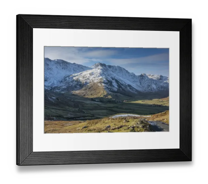 Framed Print : View across valley towards snow covered fell, Langdale Fell, Great Langdale, Lake District N. P Framed Print : View across valley towards snow covered fell, Langdale Fell, Great Langdale, Lake District N. P