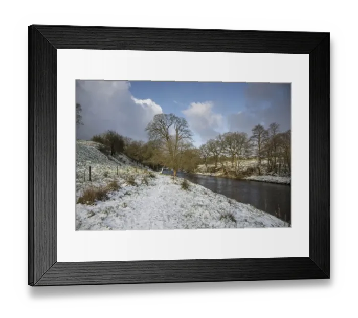 Framed Print : View of snow covered riverbank and river, River Hodder, Clitheroe, Forest of Bowland, Lancashire, England, January