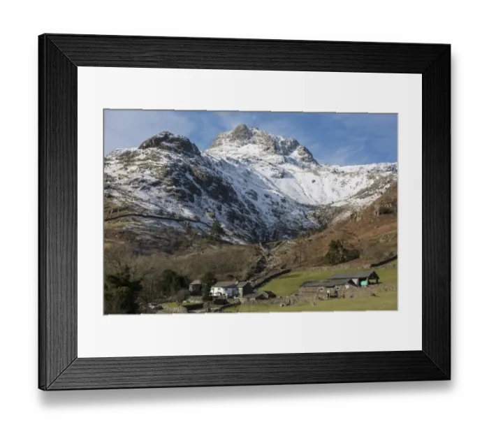 Framed Print : View across valley with farm buildings towards snow covered fell, Millbeck Farm, Langdale Fell, Great Langdale Framed Print : View across valley with farm buildings towards snow covered fell, Millbeck Farm, Langdale Fell, Great Langdale