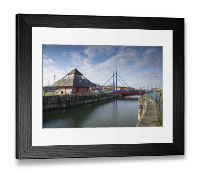 Framed Print : Swing bridge at entrance of dock and marina, River Ribble, Preston Dock, Preston, Lancashire England, February