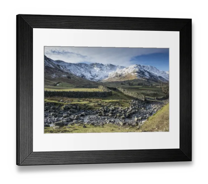 Framed Print : View across rocky stream, drystone walls and valley pasture towards snow covered fell, Langdale Fell, Great Langdale Framed Print : View across rocky stream, drystone walls and valley pasture towards snow covered fell, Langdale Fell, Great Langdale