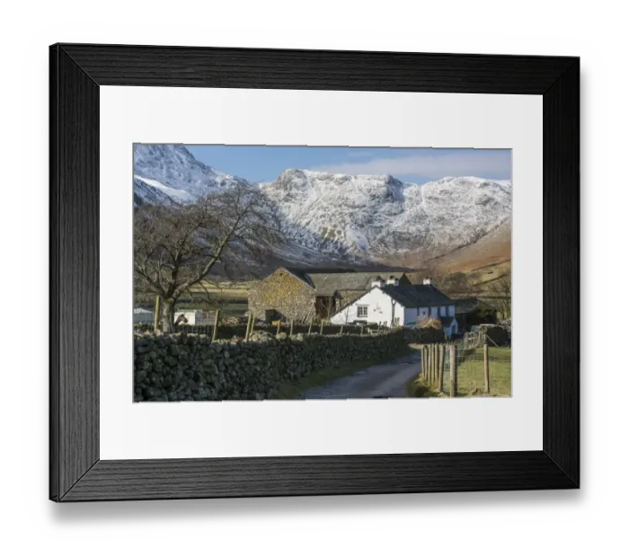 Framed Print : View of road, drystone wall and farm buildings, with snow covered fell in background, Langdale Fell, Great Langdale Framed Print : View of road, drystone wall and farm buildings, with snow covered fell in background, Langdale Fell, Great Langdale