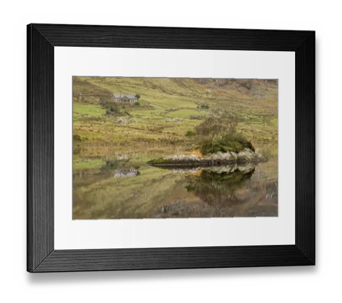 Framed Print : Rocks and building reflected in lake, Cummeenduff Lake, Black Valley, Macgillycuddys Reeks, Killarney, County Kerry Framed Print : Rocks and building reflected in lake, Cummeenduff Lake, Black Valley, Macgillycuddys Reeks, Killarney, County Kerry
