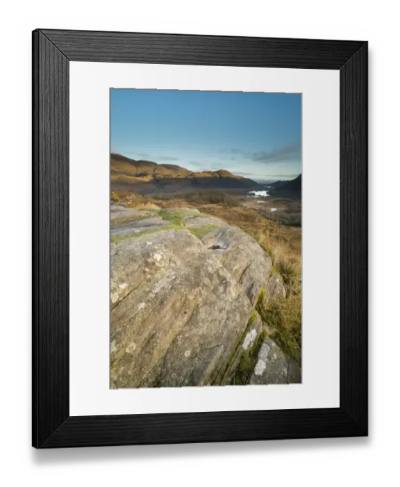 Framed Print : View over rocks on moorland towards lake and mountains at dawn, Ladies View, Lough Leane (Lower Lake) Framed Print : View over rocks on moorland towards lake and mountains at dawn, Ladies View, Lough Leane (Lower Lake)