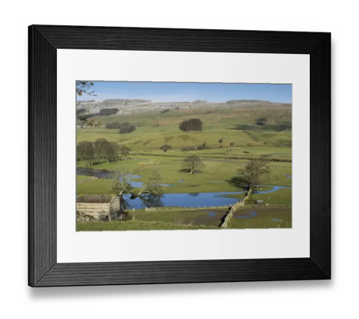 Framed Print : Floodwater on pasture in valley farmland, looking from Burtersett towards Hawes, Wensleydale, Yorkshire Dales N. P Framed Print : Floodwater on pasture in valley farmland, looking from Burtersett towards Hawes, Wensleydale, Yorkshire Dales N. P