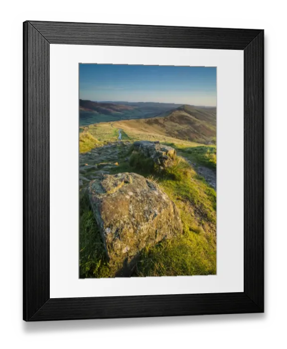 Framed Print : View of rocks beside path on moorland at dawn, looking from Mam Tor to Hollins Cross, High Peak District Framed Print : View of rocks beside path on moorland at dawn, looking from Mam Tor to Hollins Cross, High Peak District