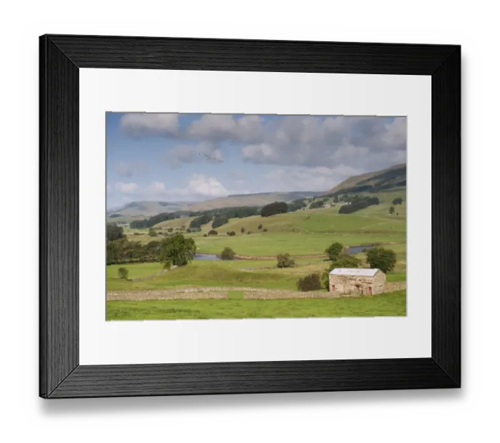 Framed Print : View of drystone walls and stone barn in valley farmland, River Ure, near Hawes, Wensleydale, Yorkshire Dales N. P Framed Print : View of drystone walls and stone barn in valley farmland, River Ure, near Hawes, Wensleydale, Yorkshire Dales N. P