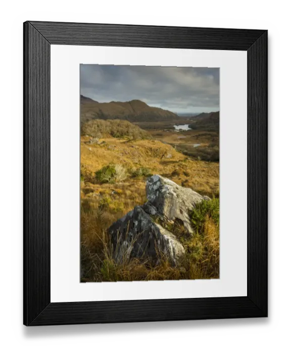 Framed Print : View over moorland towards lake and mountains, Ladies View, Upper Lake, Lakes of Killarney, Killarney N. P Framed Print : View over moorland towards lake and mountains, Ladies View, Upper Lake, Lakes of Killarney, Killarney N. P