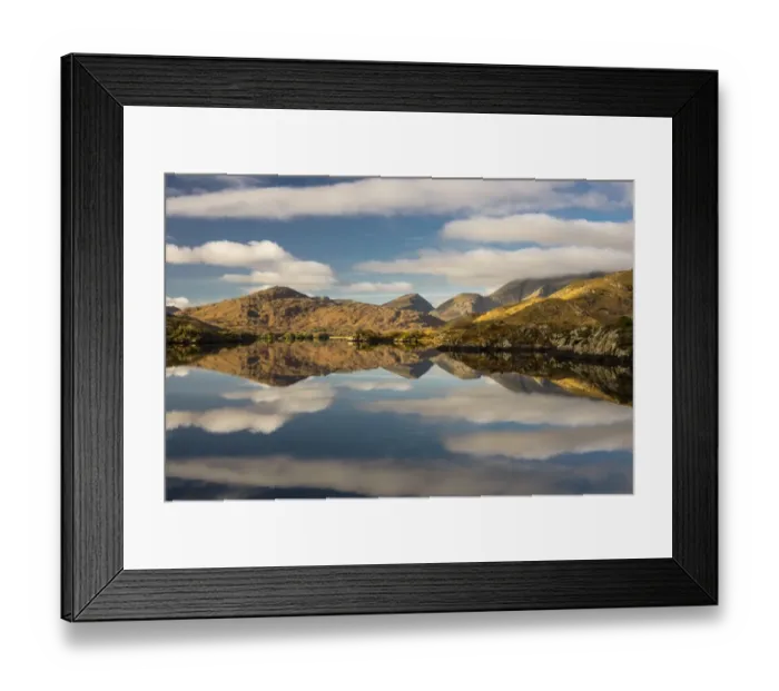 Framed Print : View of mountains and clouds reflected in lake, Upper Lake, Lakes of Killarney, Killarney N. P Framed Print : View of mountains and clouds reflected in lake, Upper Lake, Lakes of Killarney, Killarney N. P