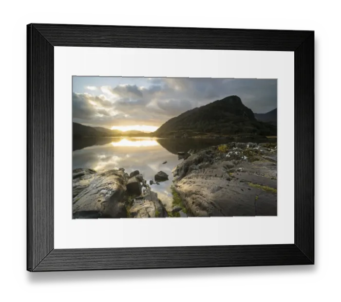 Framed Print : View of mountain reflected in narrow channel connecting lakes at sunset, The Long Range, Lakes of Killarney Framed Print : View of mountain reflected in narrow channel connecting lakes at sunset, The Long Range, Lakes of Killarney