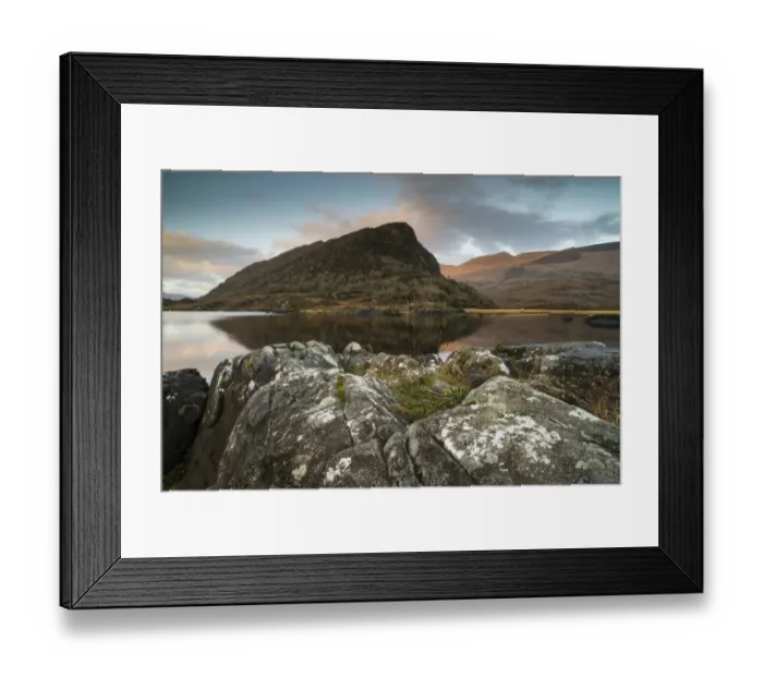 Framed Print : View of mountain reflected in narrow channel connecting lakes at sunrise, The Long Range, Lakes of Killarney Framed Print : View of mountain reflected in narrow channel connecting lakes at sunrise, The Long Range, Lakes of Killarney