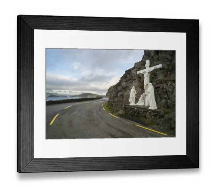 Framed Print : Statue with Jesus on Crucifix with Mary and Saint John, beside coastal road, Coumeenole South, Slea Head Framed Print : Statue with Jesus on Crucifix with Mary and Saint John, beside coastal road, Coumeenole South, Slea Head