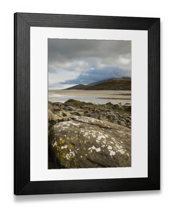 Framed Print : Lichen covered rock and beach at low tide, Cloghane, Dingle Peninsula, County Kerry, Munster, Ireland, November Framed Print : Lichen covered rock and beach at low tide, Cloghane, Dingle Peninsula, County Kerry, Munster, Ireland, November