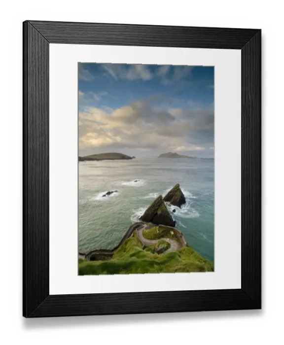 Framed Print : View of winding coastal pathway to pier at dawn, Dunquin Pier, Dingle Peninsula, County Kerry, Munster, Ireland Framed Print : View of winding coastal pathway to pier at dawn, Dunquin Pier, Dingle Peninsula, County Kerry, Munster, Ireland