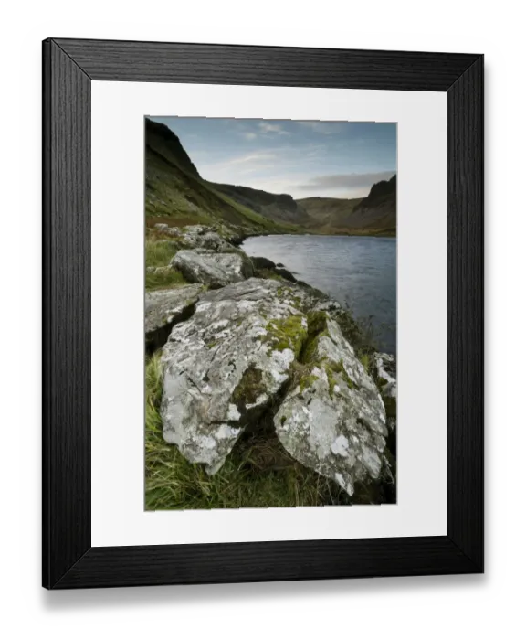 Framed Print : Lichen covered rocks beside lake, Annascaul Lake, Annascaul, Dingle Peninsula, County Kerry, Munster, Ireland, November Framed Print : Lichen covered rocks beside lake, Annascaul Lake, Annascaul, Dingle Peninsula, County Kerry, Munster, Ireland, November