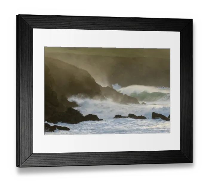 Framed Print : View of swell waves breaking and crashing against cliff at dawn, Coumeenole North, Dingle Peninsula, County Kerry Framed Print : View of swell waves breaking and crashing against cliff at dawn, Coumeenole North, Dingle Peninsula, County Kerry