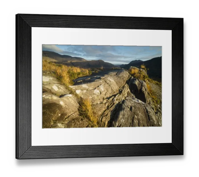 Framed Print : View over rocks on moorland towards lake and mountains at dawn, Ladies View, Lough Leane (Lower Lake) Framed Print : View over rocks on moorland towards lake and mountains at dawn, Ladies View, Lough Leane (Lower Lake)