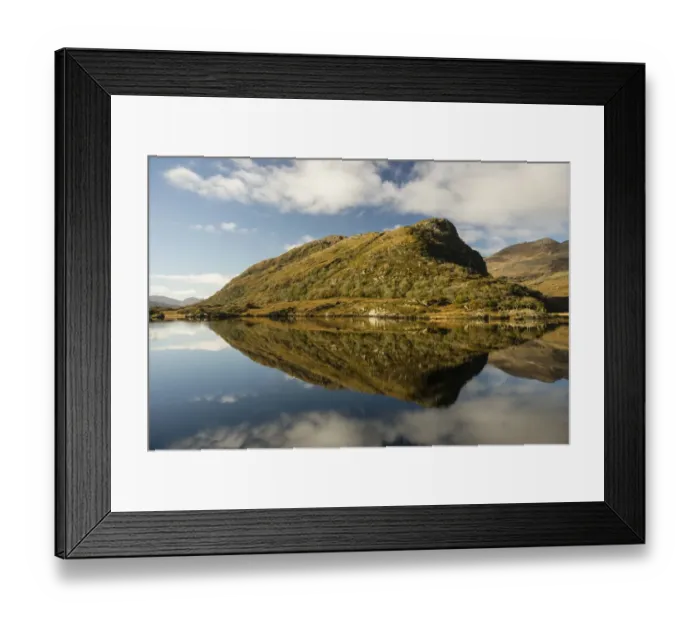 Framed Print : View of mountain reflected in narrow channel connecting lakes, The Long Range, Lakes of Killarney Framed Print : View of mountain reflected in narrow channel connecting lakes, The Long Range, Lakes of Killarney