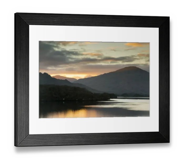 Framed Print : View of lake and mountains at sunset, Upper Lake, Lakes of Killarney, Dunkerron Mountains, Killarney N. P Framed Print : View of lake and mountains at sunset, Upper Lake, Lakes of Killarney, Dunkerron Mountains, Killarney N. P