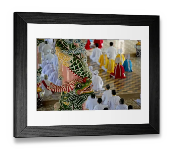 Framed Print : Caodaist disciples sitting beside colourful columns with dragons during ceremony, Cao Dai temple, Tay Ninh Holy See Framed Print : Caodaist disciples sitting beside colourful columns with dragons during ceremony, Cao Dai temple, Tay Ninh Holy See