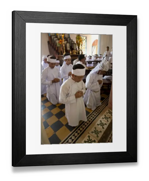 Framed Print : Caodaist disciples kneeling during ceremony, Cao Dai temple, Tay Ninh Holy See, Tay Ninh, Tay Ninh Province, Vietnam Framed Print : Caodaist disciples kneeling during ceremony, Cao Dai temple, Tay Ninh Holy See, Tay Ninh, Tay Ninh Province, Vietnam