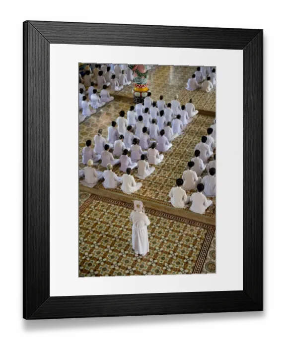 Framed Print : Caodaist disciples sitting during ceremony, Cao Dai temple, Tay Ninh Holy See, Tay Ninh, Tay Ninh Province, Vietnam Framed Print : Caodaist disciples sitting during ceremony, Cao Dai temple, Tay Ninh Holy See, Tay Ninh, Tay Ninh Province, Vietnam