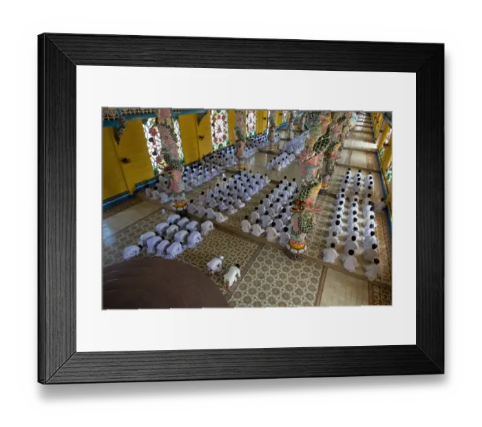 Framed Print : Caodaist disciples sitting beside colourful columns with dragons during ceremony, Cao Dai temple, Tay Ninh Holy See Framed Print : Caodaist disciples sitting beside colourful columns with dragons during ceremony, Cao Dai temple, Tay Ninh Holy See