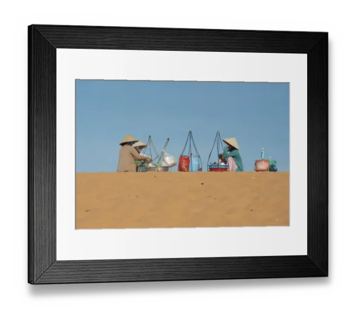 Framed Print : Drink sellers in conical hats, sitting on coastal sand dunes, Phan Thiet, Binh Thuan Province, Vietnam, December Framed Print : Drink sellers in conical hats, sitting on coastal sand dunes, Phan Thiet, Binh Thuan Province, Vietnam, December
