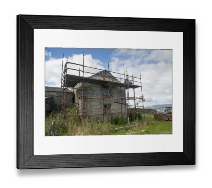 Framed Print : Stone barn with planning permisson to convert to cottage, with scaffolding around, Hawes, Wensleydale Framed Print : Stone barn with planning permisson to convert to cottage, with scaffolding around, Hawes, Wensleydale