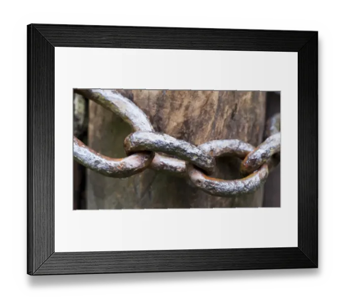 Framed Print : Close-up of old metal chain around gatepost, North Yorkshire, England, July Framed Print : Close-up of old metal chain around gatepost, North Yorkshire, England, July