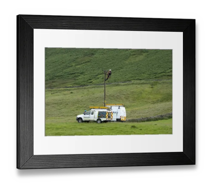 Framed Print : Mains electric technicians repairing cable on rural electricity pole, Cumbria, England, July Framed Print : Mains electric technicians repairing cable on rural electricity pole, Cumbria, England, July