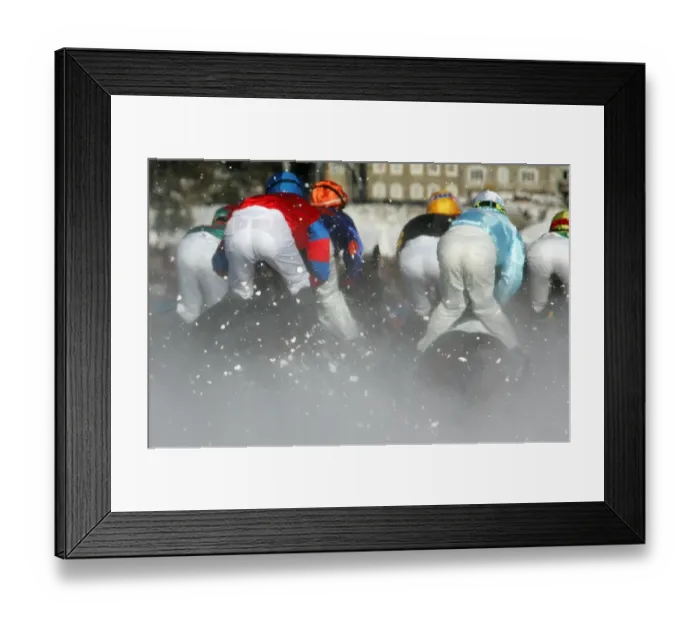Framed Print : Horse racing, flat race on frozen lake, 100th anniversary jubilee, White Turf, St. Moritz, Switzerland Framed Print : Horse racing, flat race on frozen lake, 100th anniversary jubilee, White Turf, St. Moritz, Switzerland