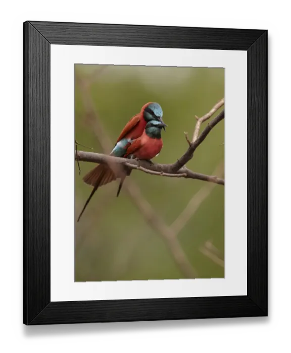 Framed Print : Northern Carmine Bee-eater (Merops nubicus) adult pair, mating, perched on branch, Niokolo-Koba, Senegal, october Framed Print : Northern Carmine Bee-eater (Merops nubicus) adult pair, mating, perched on branch, Niokolo-Koba, Senegal, october