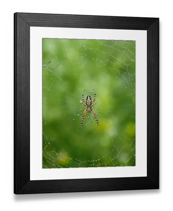 Framed Print : Oak Spider (Aculepeira ceropegia) adult female, on web covered with raindrops, Leicestershire, England, july