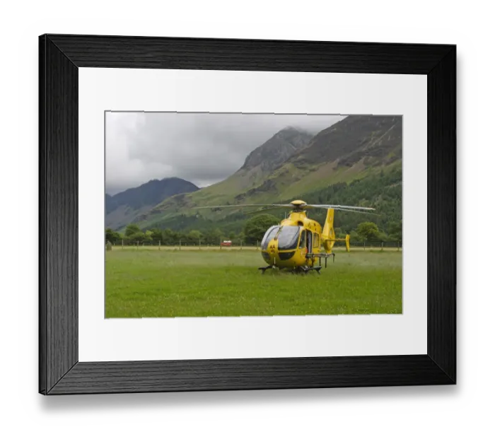 Framed Print : North West Air Ambulance, helicopter in upland valley pasture, Buttermere, Lake District, Cumbria, England, july Framed Print : North West Air Ambulance, helicopter in upland valley pasture, Buttermere, Lake District, Cumbria, England, july