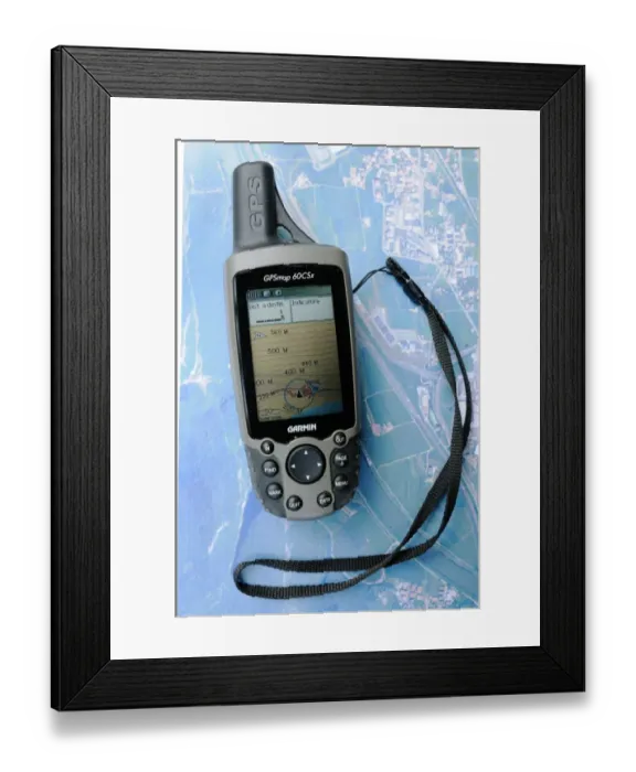 Framed Print : GPS device over satellite image, Italy, april Framed Print : GPS device over satellite image, Italy, april