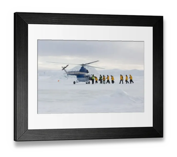 Framed Print : Eco-tourists boarding helicopter, to be taken back to Kapitan Klebnikov icebreaker from Emperor Penguin colony, Snow Hill Island, Weddell Sea, Antarctica, november Framed Print : Eco-tourists boarding helicopter, to be taken back to Kapitan Klebnikov icebreaker from Emperor Penguin colony, Snow Hill Island, Weddell Sea, Antarctica, november