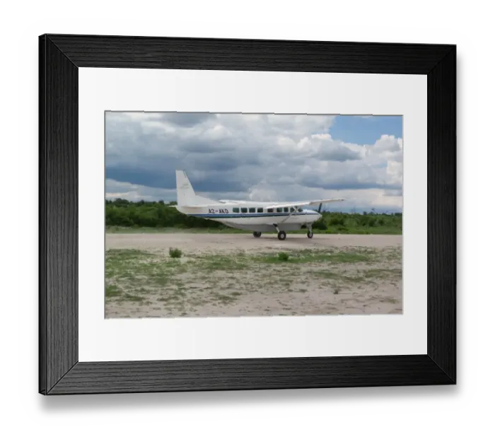 Framed Print : Light aeroplane on runway, Okavango Delta, Botswana