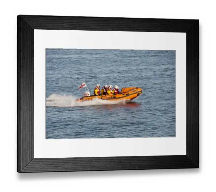 Framed Print : RNLI D-class inflatable lifeboat in harbour entrance, Dublin Port, Dublin Bay, Ireland, november