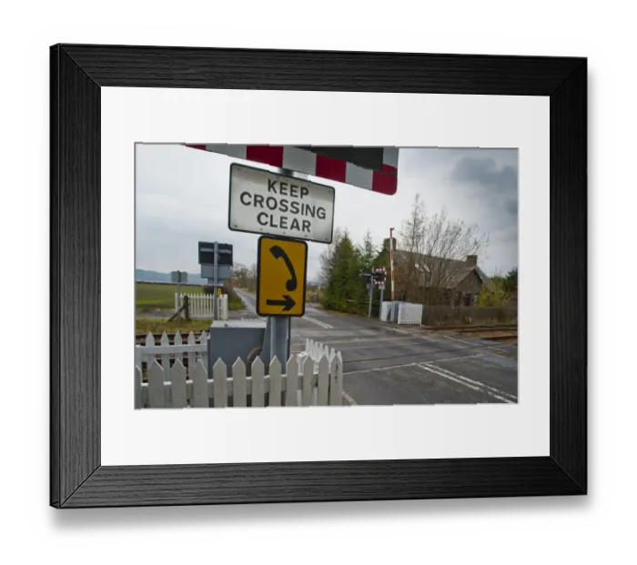 Framed Print : Keep Crossing Clear sign at railway level crossing, near Inchture, Perth and Kinross, Scotland, november Framed Print : Keep Crossing Clear sign at railway level crossing, near Inchture, Perth and Kinross, Scotland, november