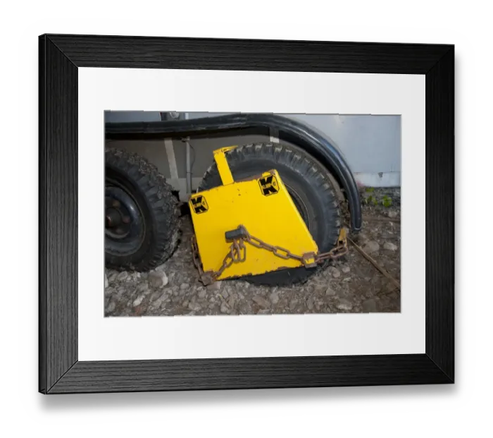 Framed Print : Horse box with security clamp on wheel to prevent theft, Whitewell, Lancashire, England, april Framed Print : Horse box with security clamp on wheel to prevent theft, Whitewell, Lancashire, England, april