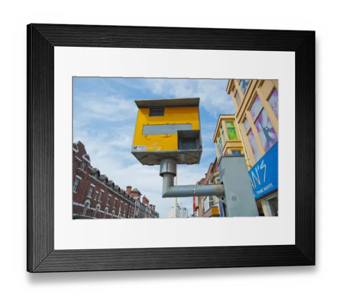 Framed Print : Yellow Gatso speed camera in town, Blackpool, Lancashire, England, may Framed Print : Yellow Gatso speed camera in town, Blackpool, Lancashire, England, may